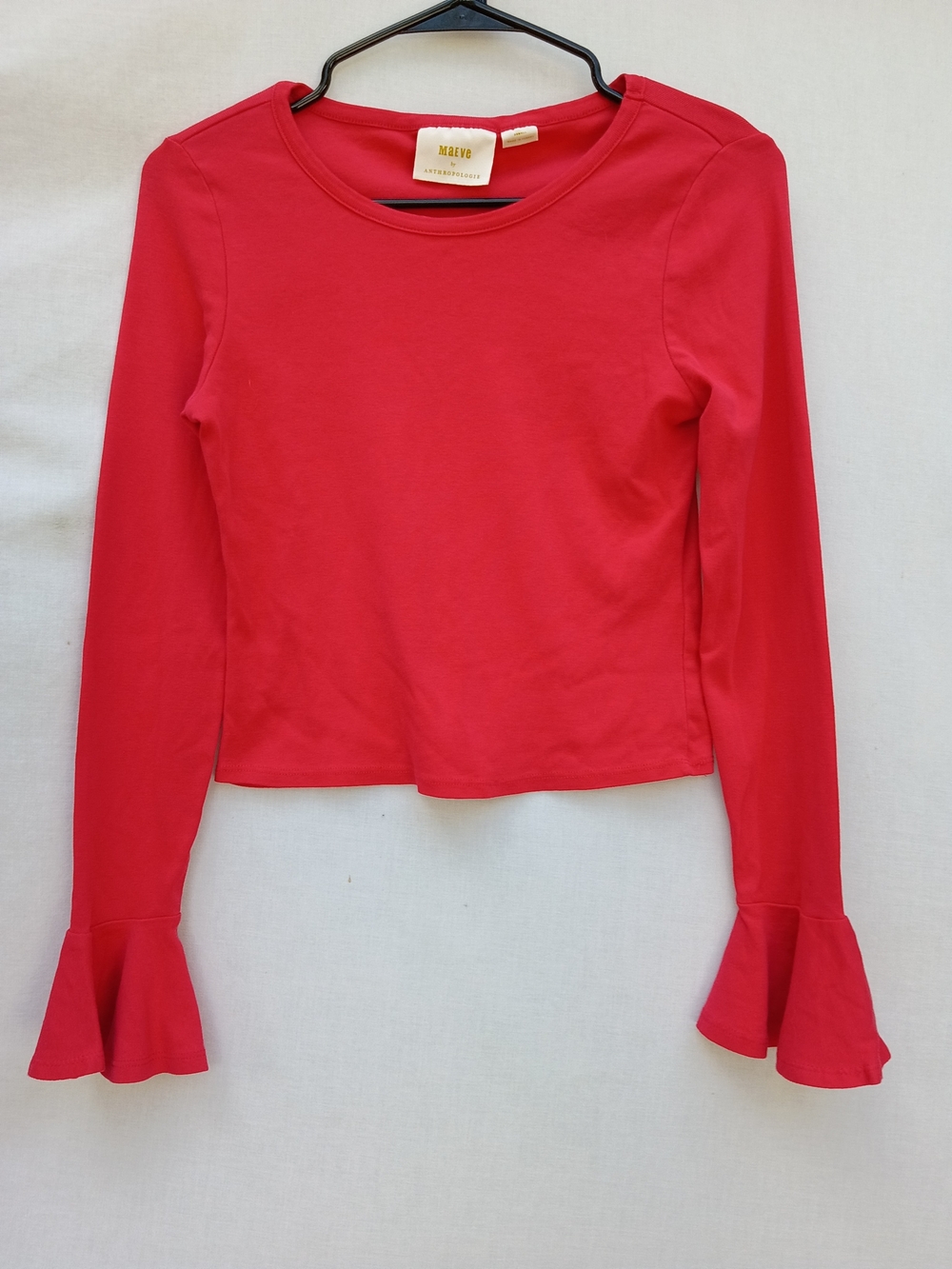 Maeve By Anthropologie Red Flouncy Bell Long Sleeve Crop Top
